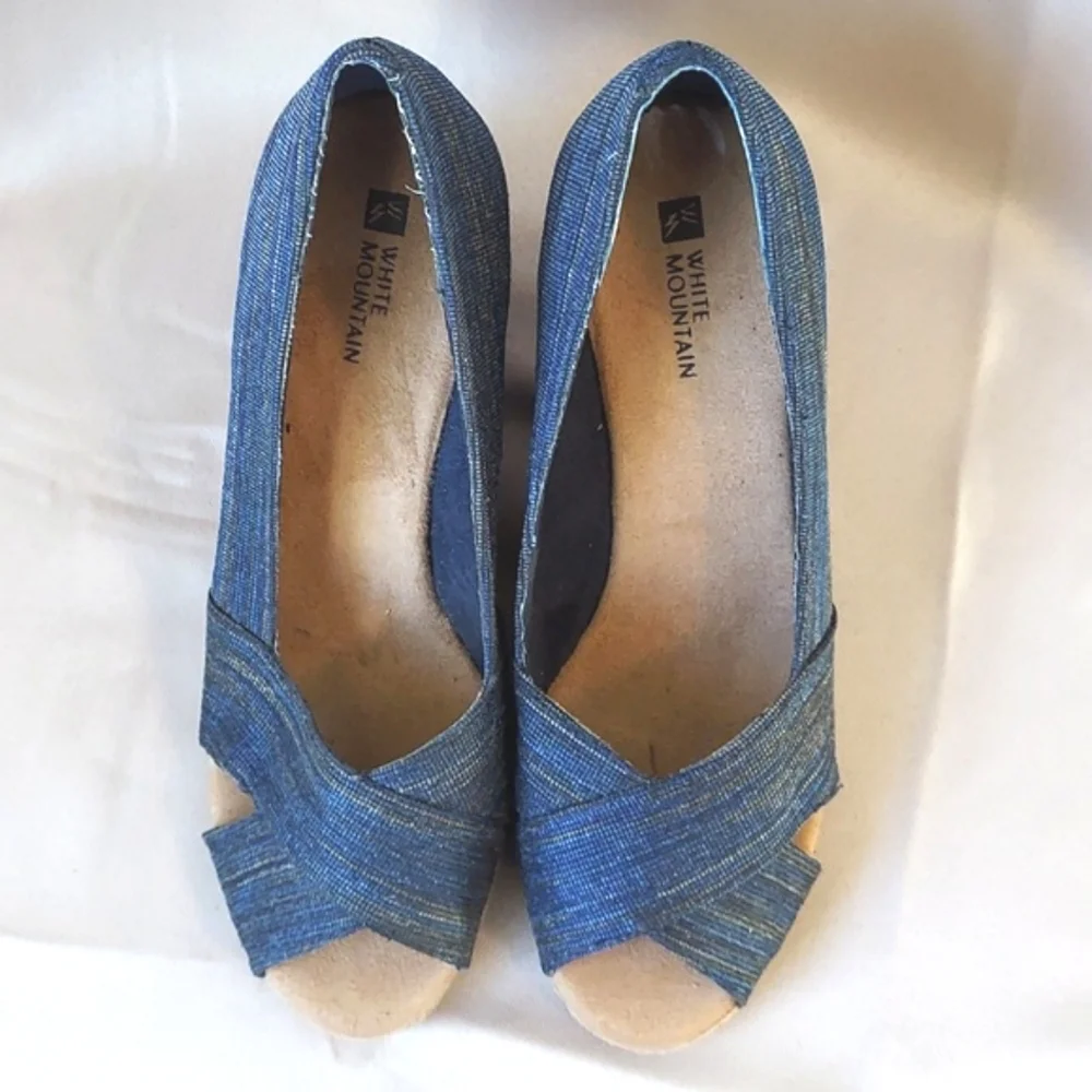 White‎ Mountain Shoes, Size 9, Blue Open Toe, Wedge Heel, Espadrille Style, New!
